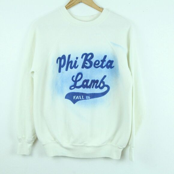Vintage 80s Women's XL Pullover Phi Beta Lamb Greek Sorority Flocked Raglan USA - Picture 1 of 9